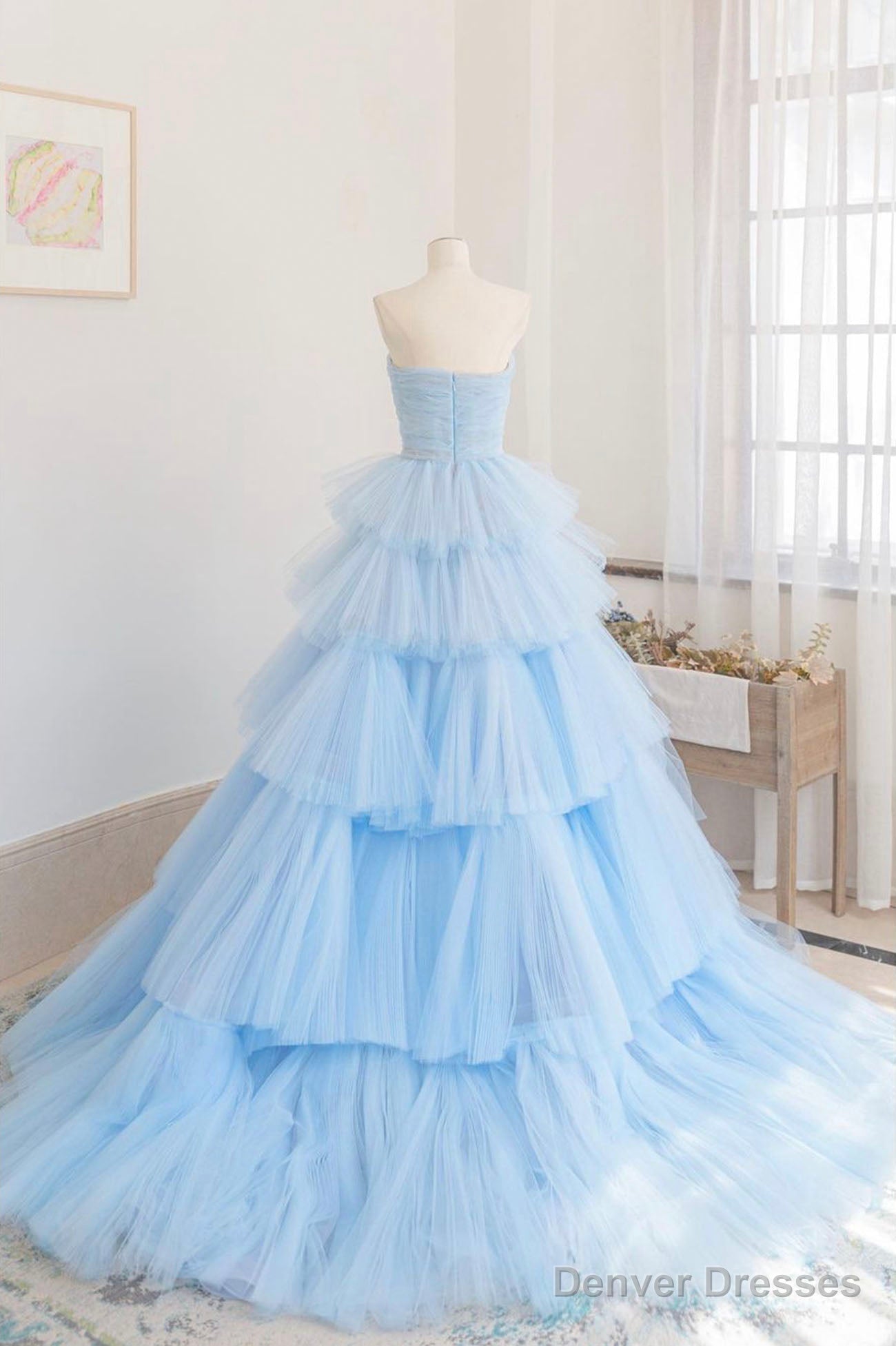 Blue Layers Tulle Long Prom Dresses, A-Line Strapless Evening Dresses Secondary image