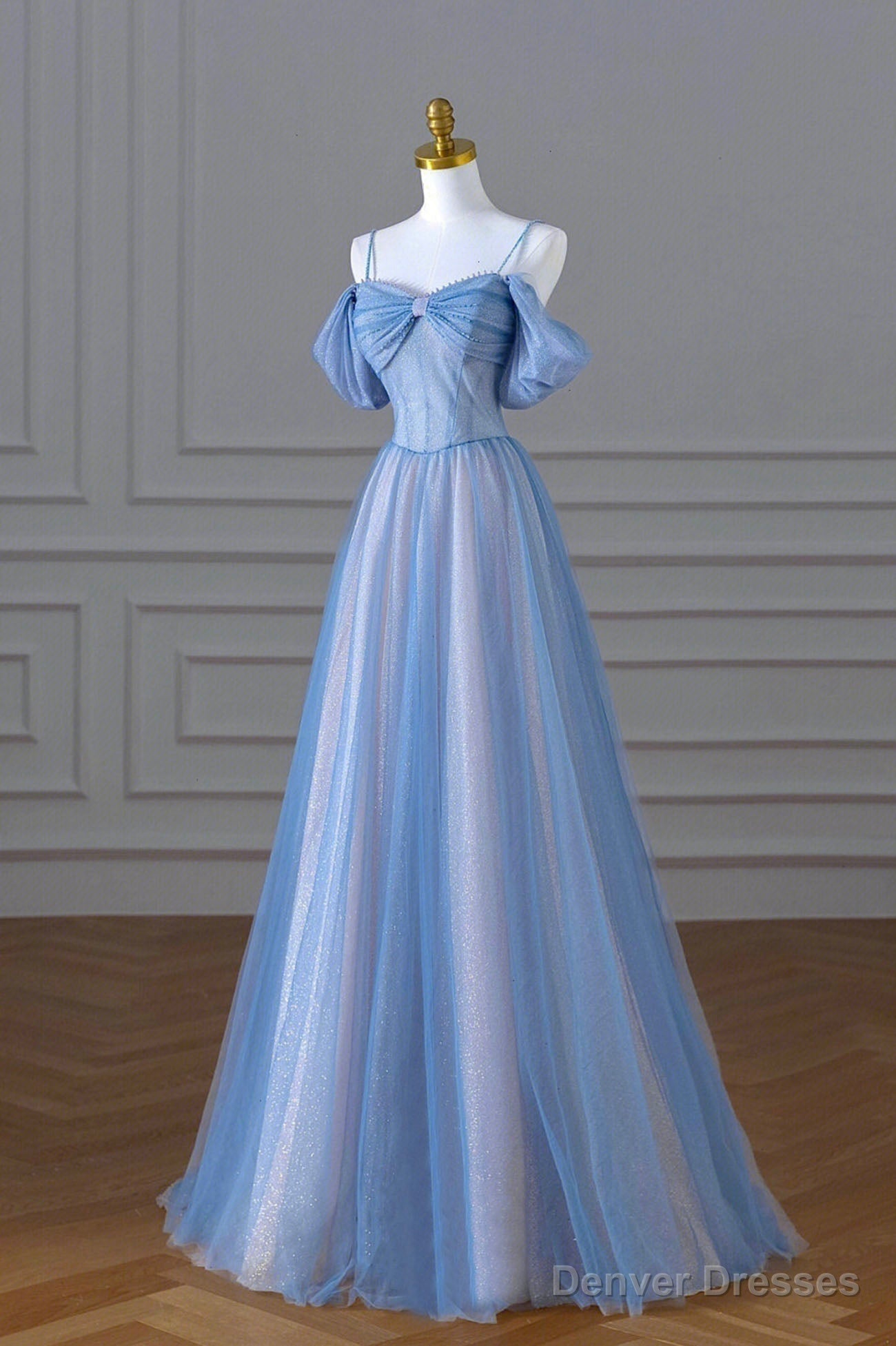 Blue Spaghetti Strap Tulle Floor Length Prom Dress, A-Line Evening Dress Main image