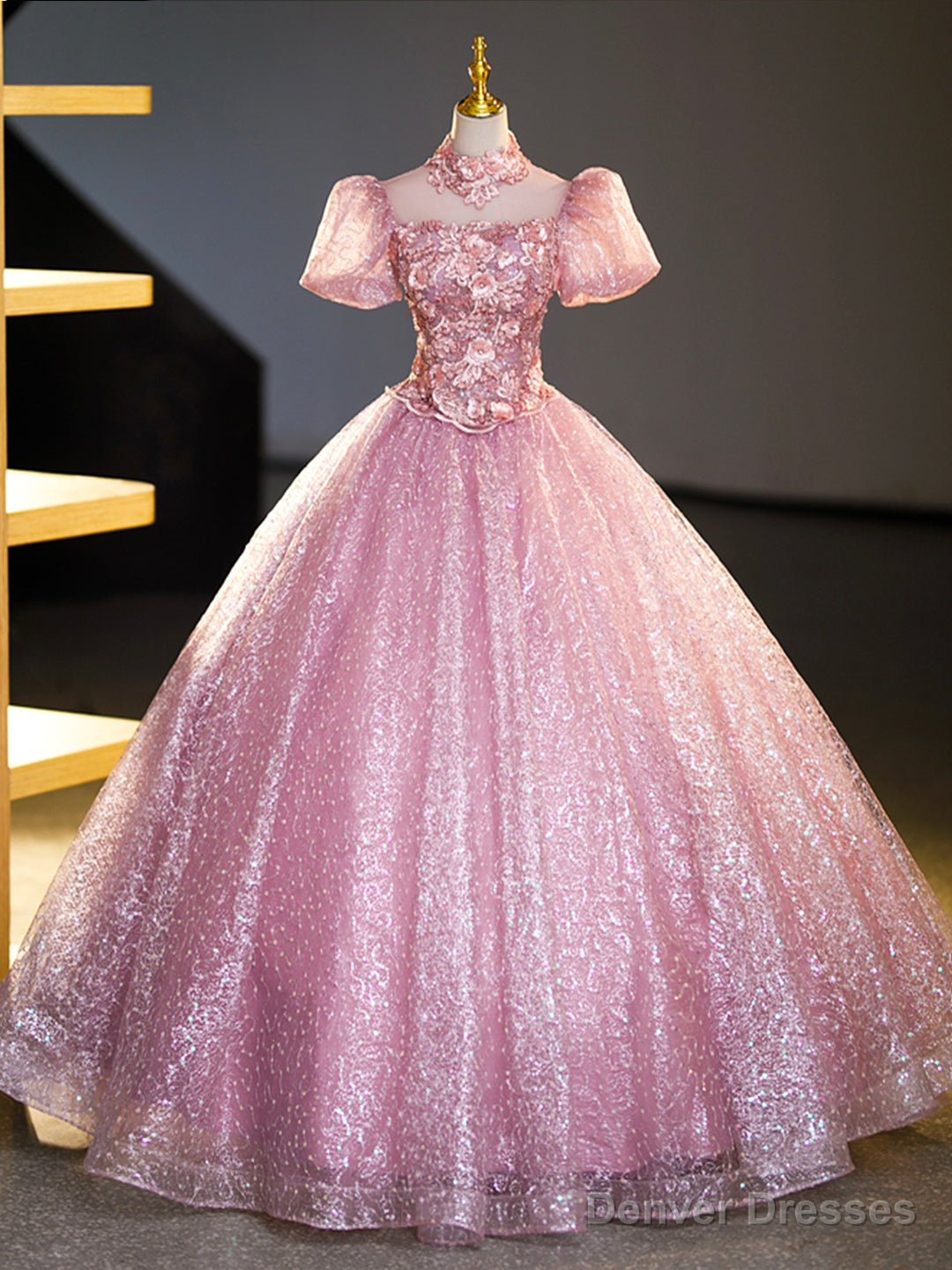 Pink Tulle and Lace Long Prom Dress with Sequins, Beautiful A-Line Sweet 16 Dress Main image