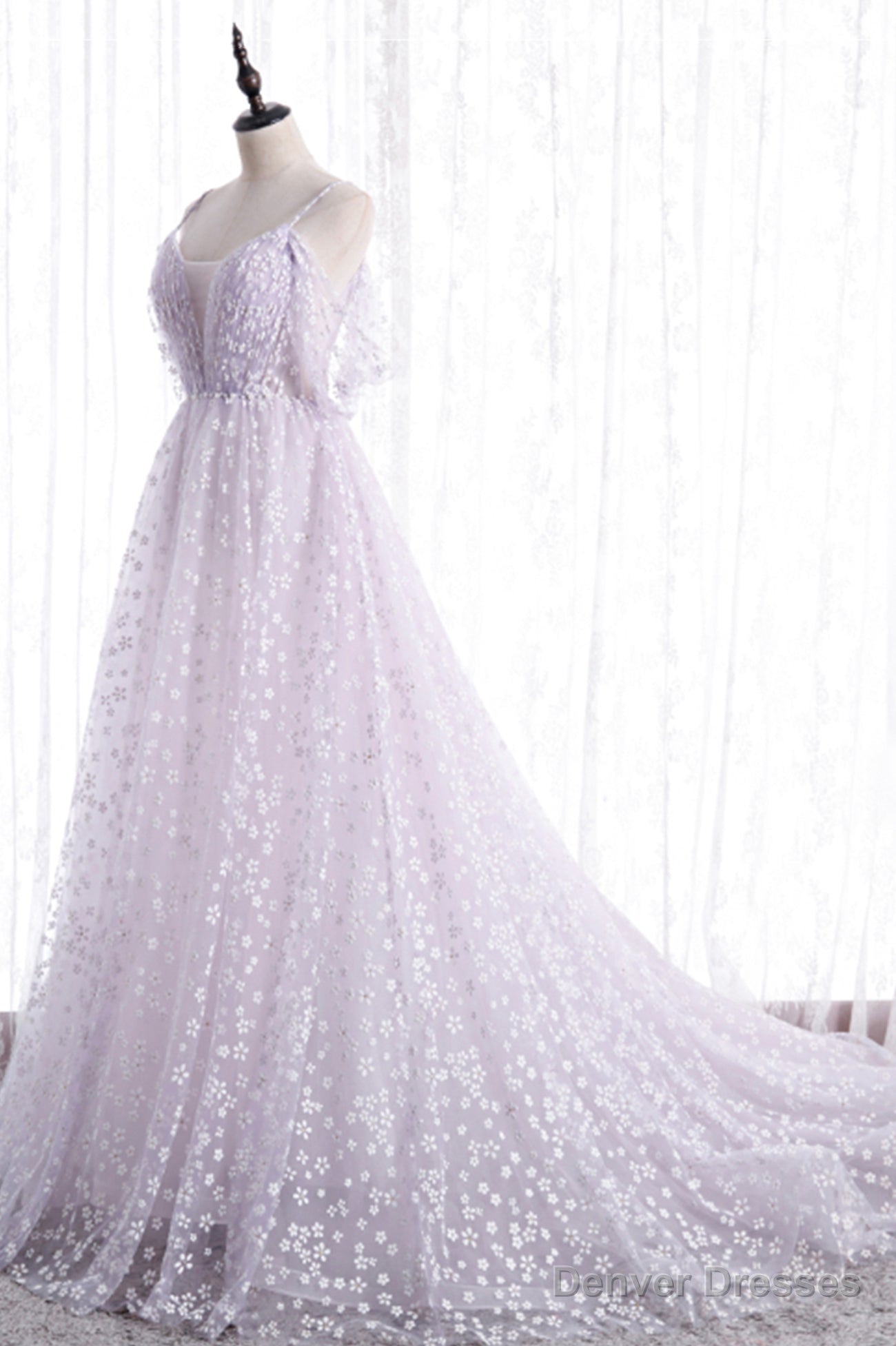 Lovely V-Neck Floral Tulle Long Prom Dress, Lavender A Line Evening Party Dress Main image