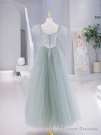 Green Tulle Floor Length Prom Dress, Green Short Sleeve Evening Party Dress