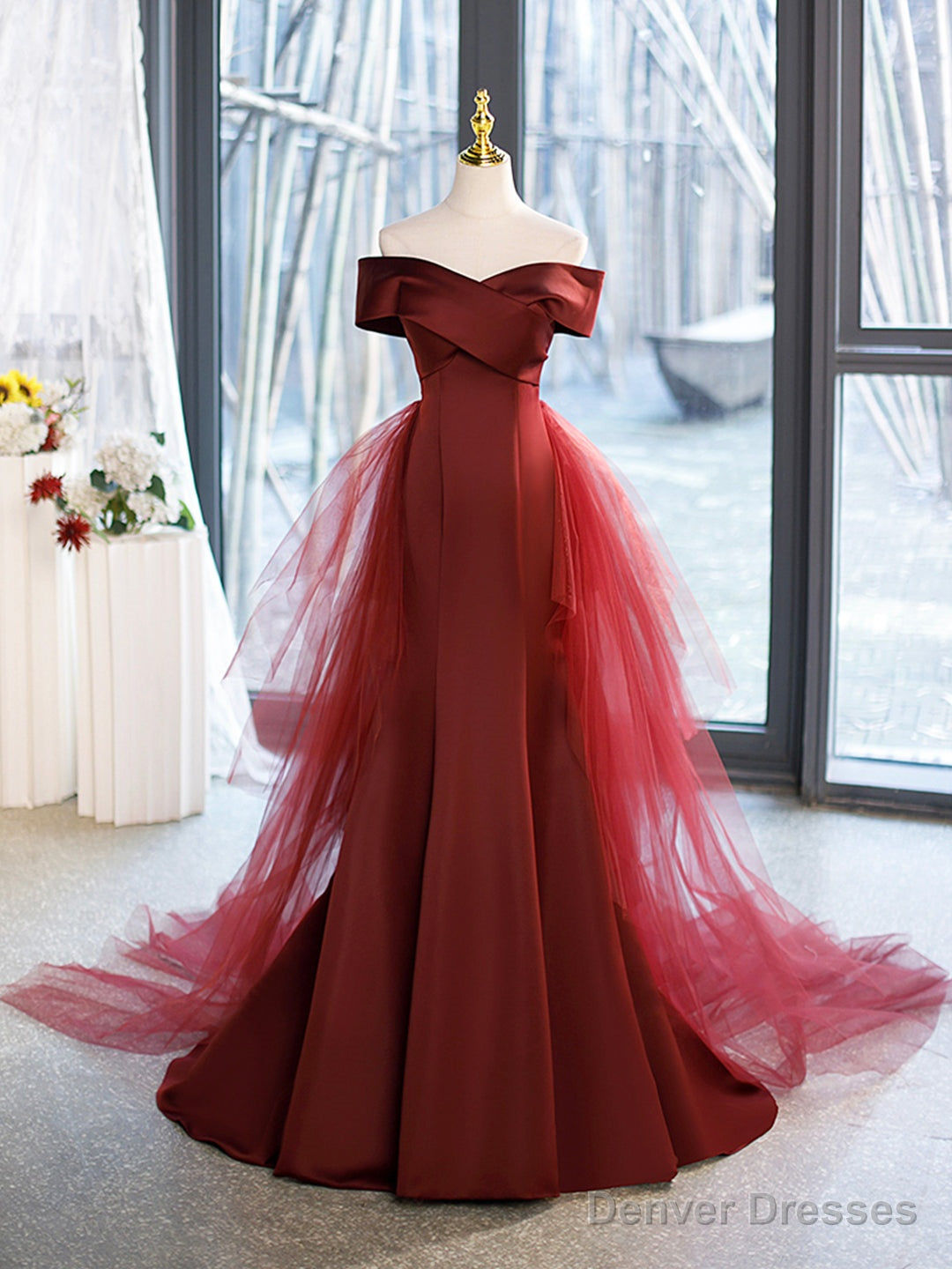 Mermaid V-Neck Satin Long Prom Dress,  Burgundy Off Shoulder Evening Dress with Bow Main image