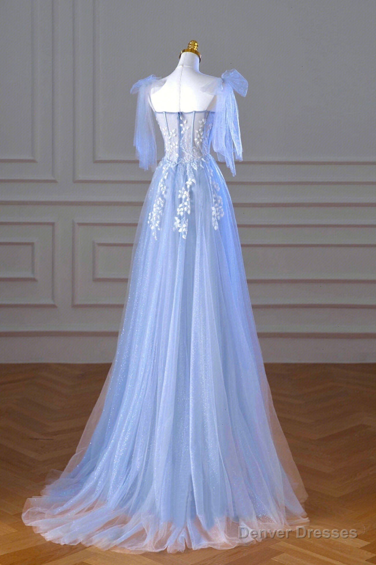 Blue Spaghetti Strap Tulle Lace Long Prom Dress, A-Line Evening Party Dress