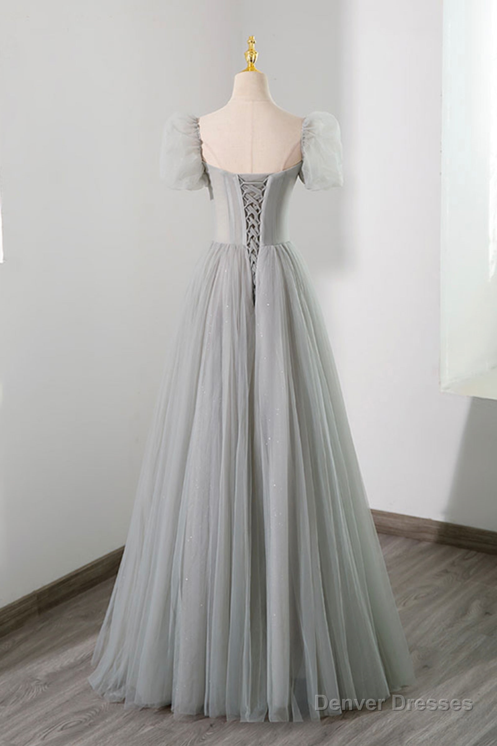 Gray Tulle Beading Long Prom Dress, A-Line Short Sleeve Evening Dress Secondary image