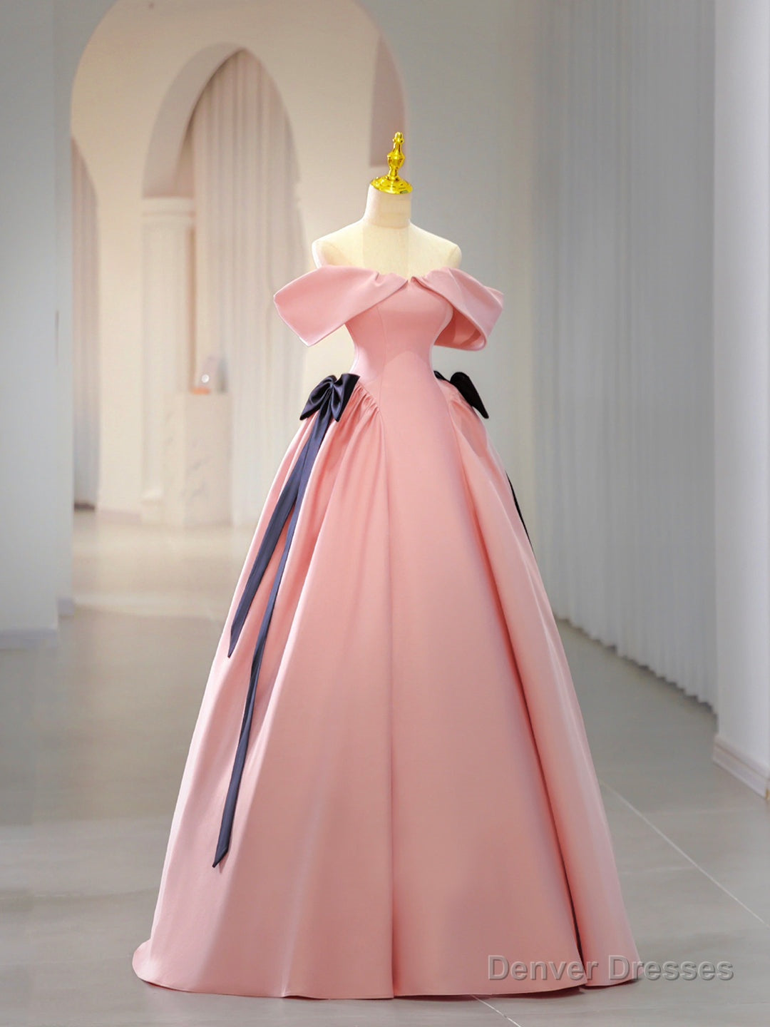 Pink Satin Floor Length Prom Dress, Off Shoulder Party Dress Main image