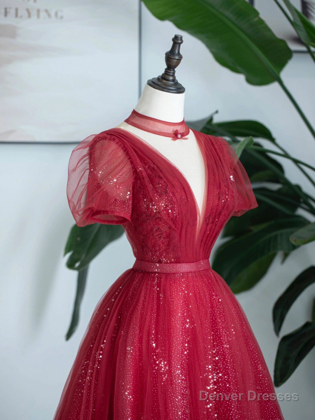 Burgundy Tulle Sequins Tea Length Prom Dress, A-Line Evening Party Dress Secondary image