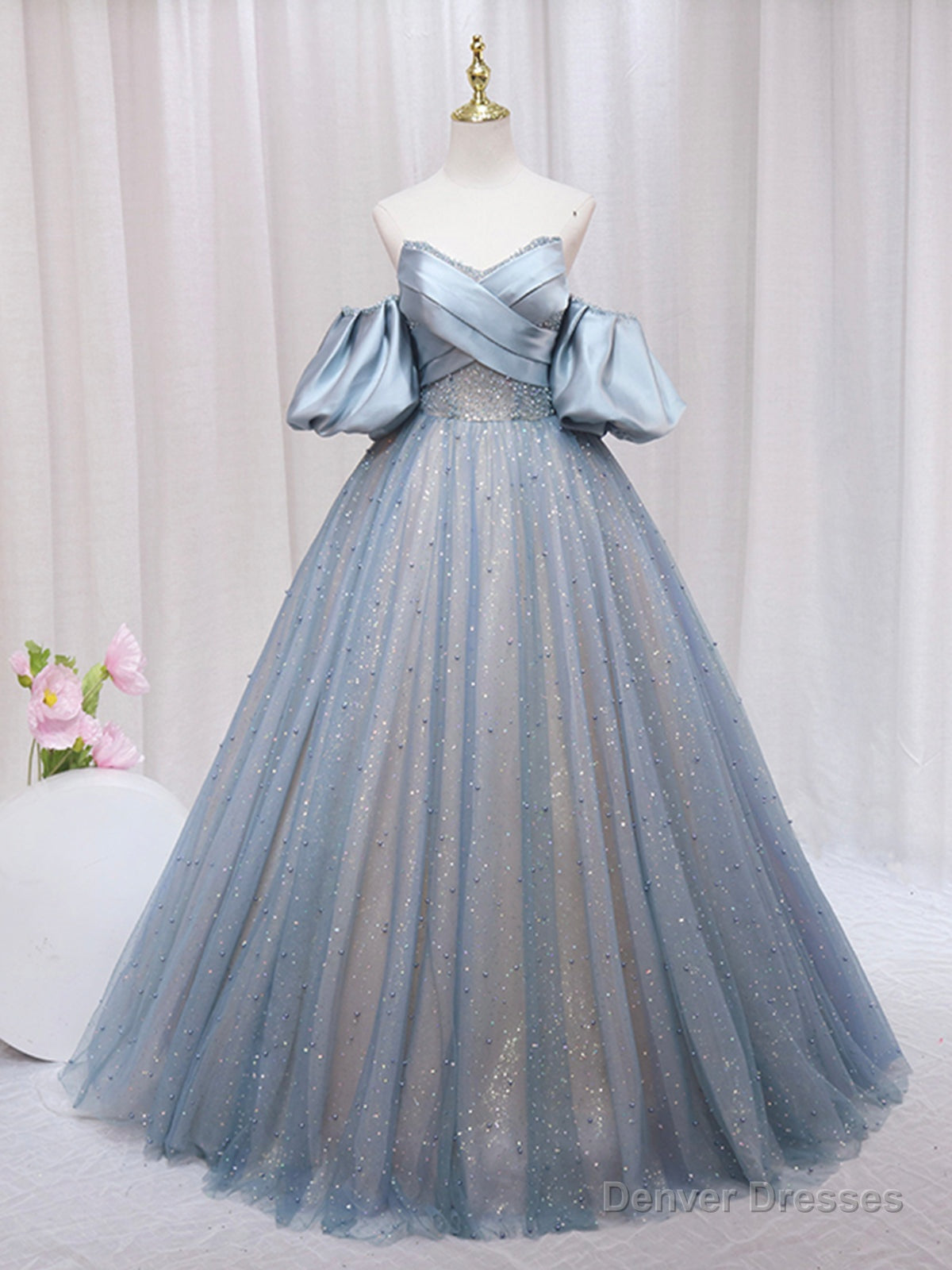 Blue Puff Sleeve Long A-Line Prom Dress, Off the Shoulder Formal Evening Dress Main image