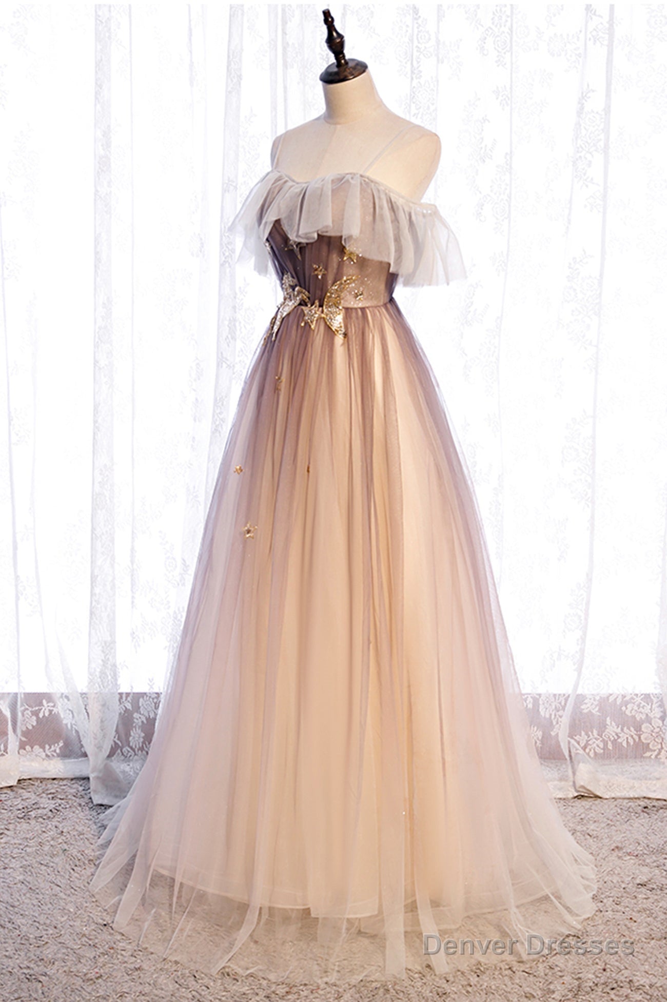 A-Line Long Spaghetti Strap Tulle Prom Dress, Ombre Evening Dress Main image