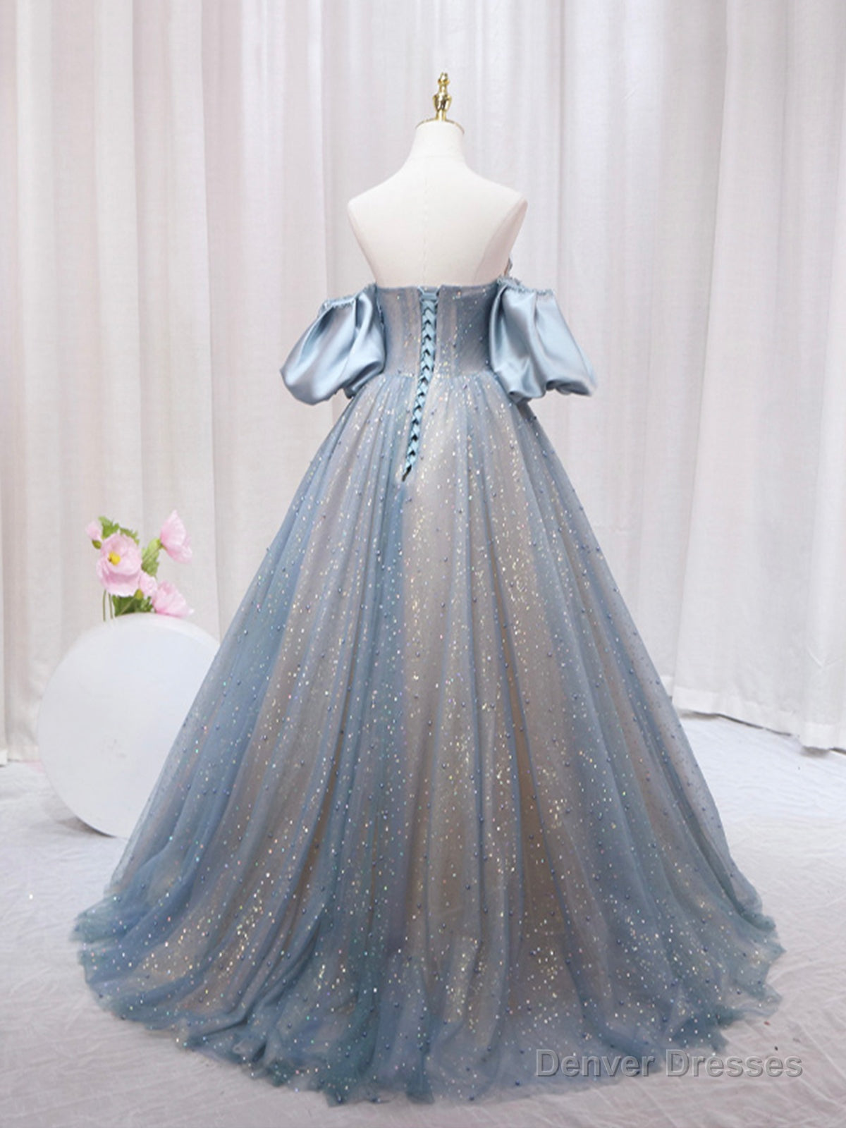Blue Puff Sleeve Long A-Line Prom Dress, Off the Shoulder Formal Evening Dress Secondary image