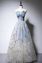 Blue Strapless Ombre Tulle Long Prom Dresses, A-Line Evening Dresses