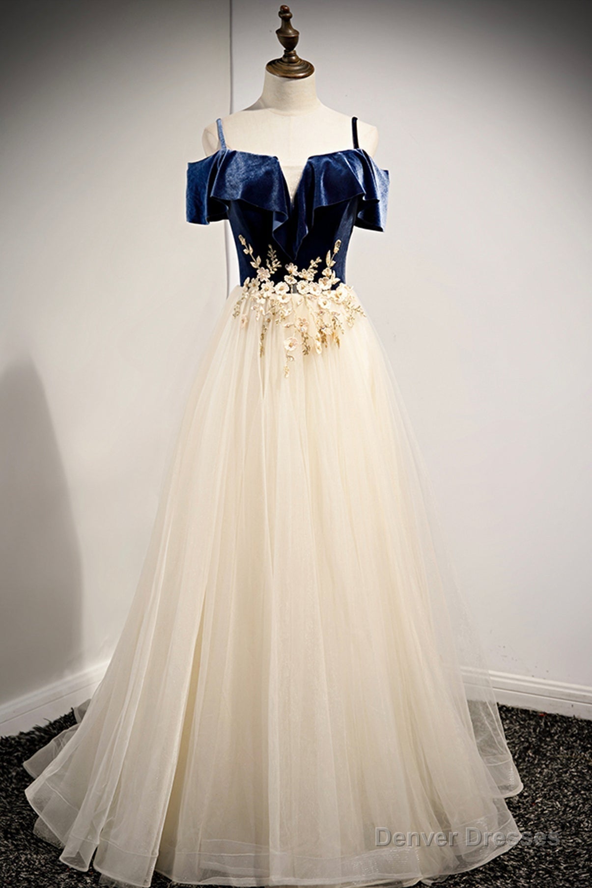 A-Line Off the Shoulder Long Prom Dresses, Champagne Evening Dresses Main image