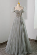 Gray Tulle Beading Long Prom Dress, A-Line Short Sleeve Evening Dress