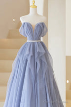 Blue Off Shoulder Tulle Long Formal Dress, A-Line Blue Evening Dress