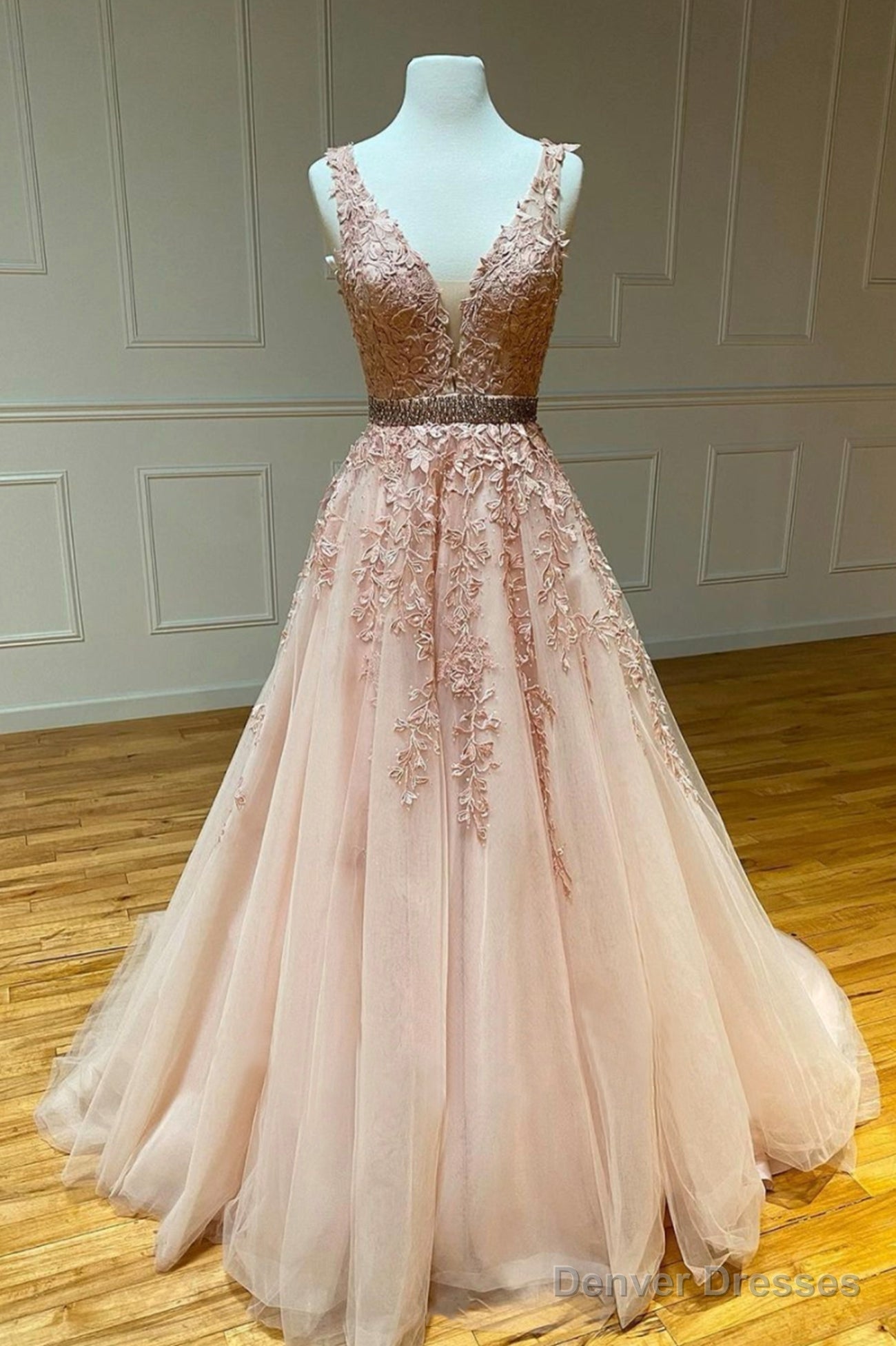 Pink V-Neck Lace Long Prom Dresses, A-Line Tulle Graduation Dresses Main image