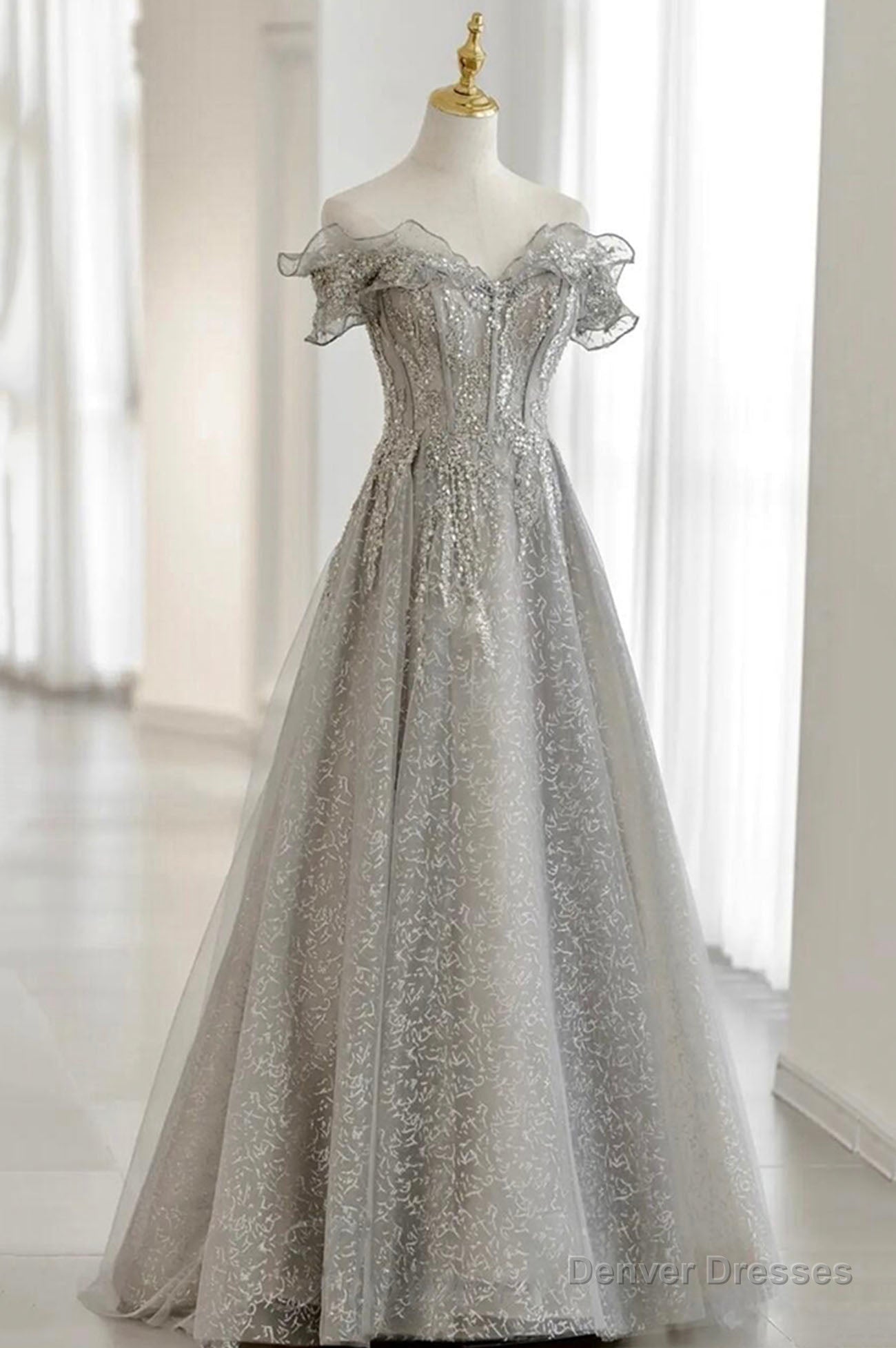 Grey Tulle Sequins Long A-Line Prom Dresses, Off the Shoulder Evening Dresses Main image