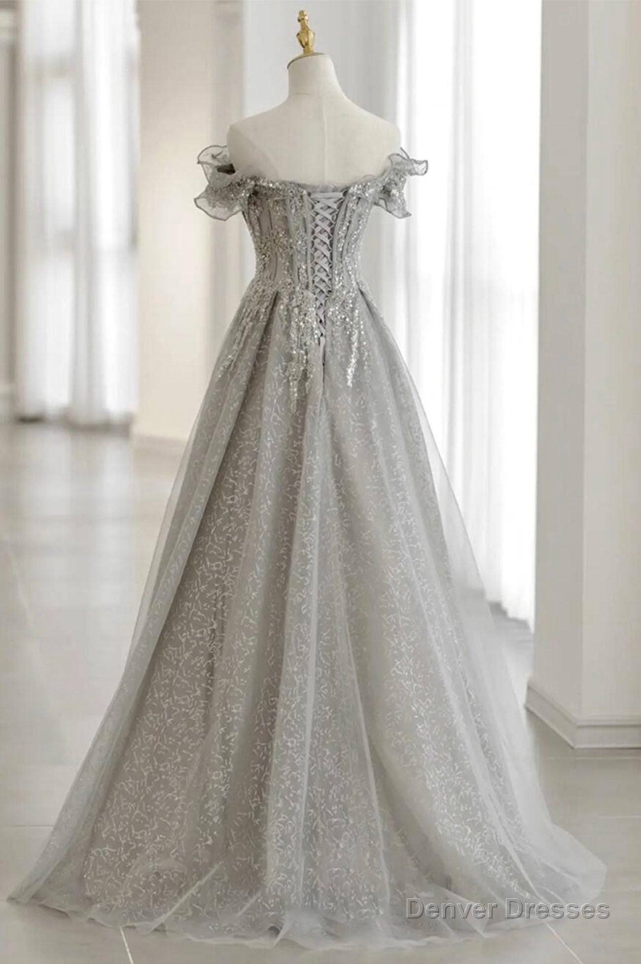 Grey Tulle Sequins Long A-Line Prom Dresses, Off the Shoulder Evening Dresses Secondary image