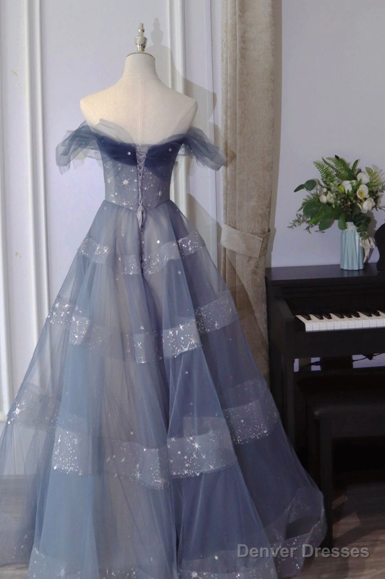 A-Line Off Shoulder Layers Tulle Long Evening Dress, Blue Formal Dress Secondary image