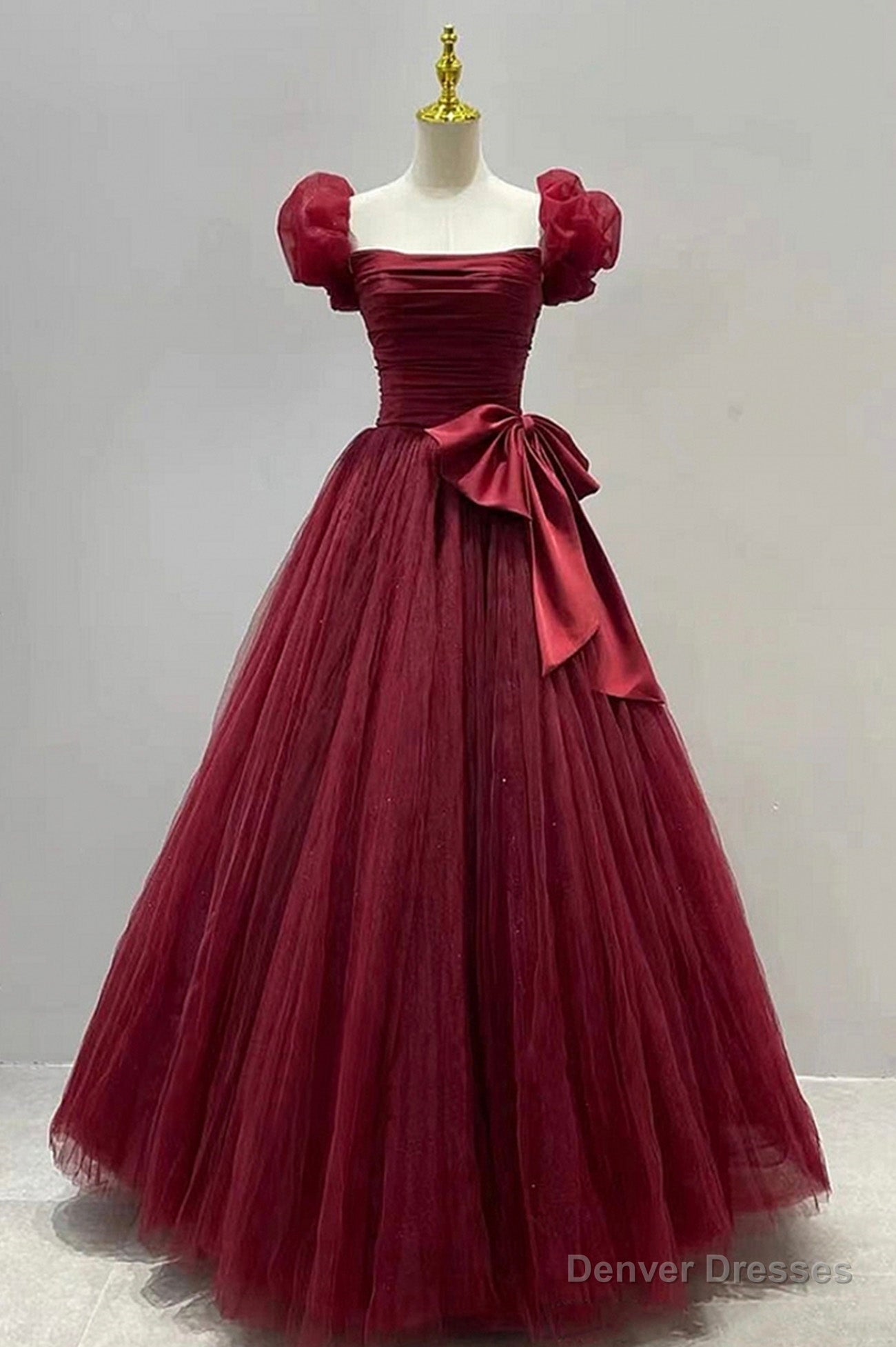 Burgundy Tulle Short Sleeve A-Line Formal Dresses, Burgundy Evening Dresses