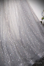 Grey V-Neck Tulle Long Prom Dresses, A-Line Evening Dresses
