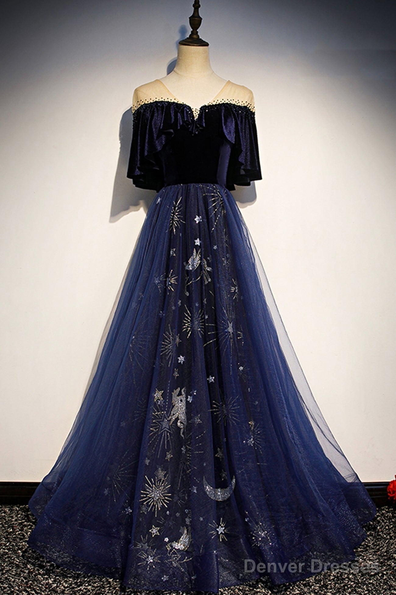 Blue Velvet Tulle Long Prom Dresses, Blue Formal Evening Dresses
