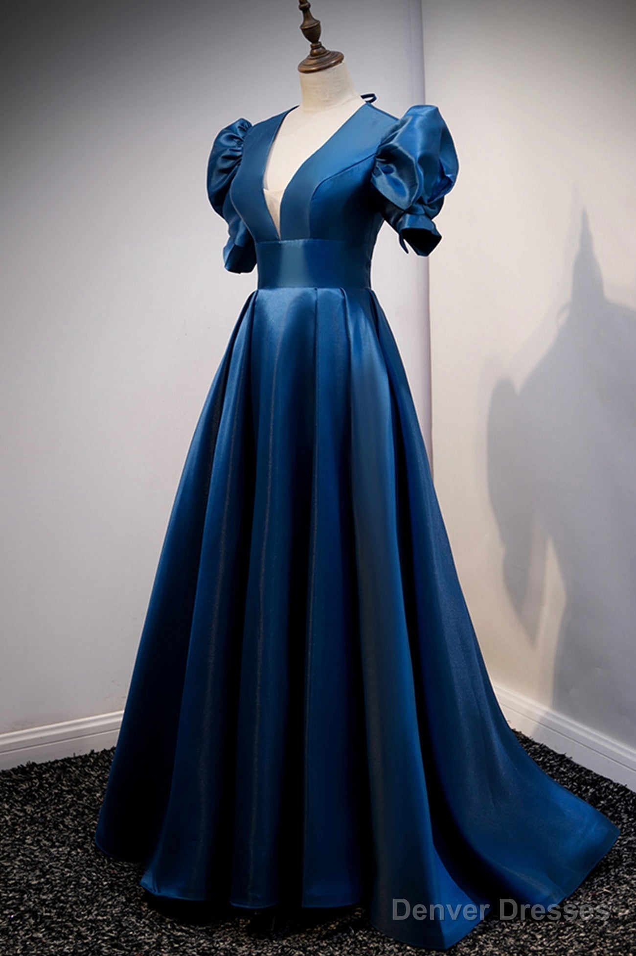 Blue V-Neck Satin Long Prom Dresses, A-Line Blue Evening Dresses Secondary image