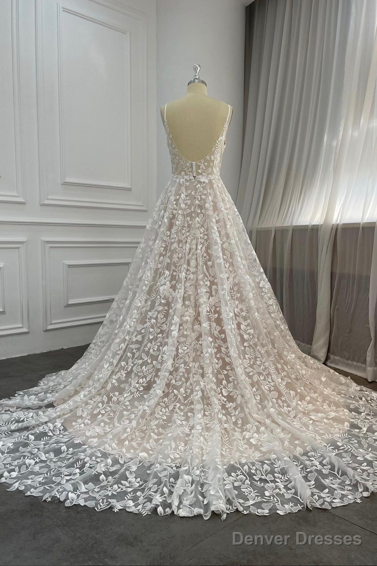 Elegant V-Neck Lace Long Prom Dresses, A-Line Evening Dresses Main image