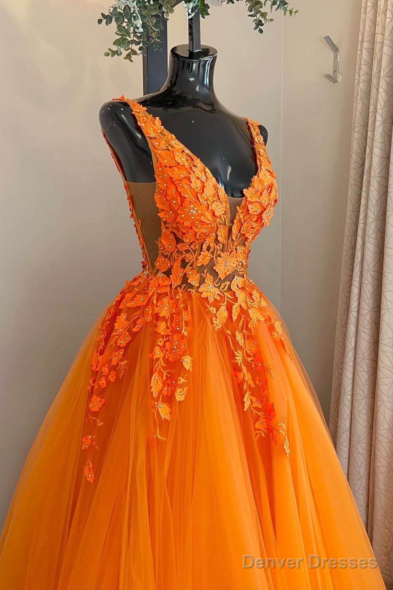 Orange V-Neck Lace Long Prom Dresses, A-Line Evening Party Dresses Secondary image