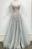 Gray Strapless Lace Long A Line Prom Gown, Graduation Dress