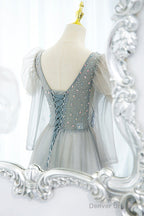 Cute V-Neck Tulle Beaded Long Prom Dress, Gray A-Line Evening Party Dress