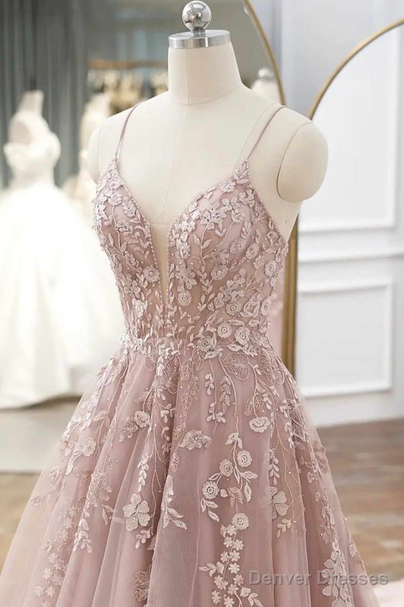 Pink Tulle Lace Long Prom Dresses, A-line Spaghetti Strap Evening Dresses Secondary image