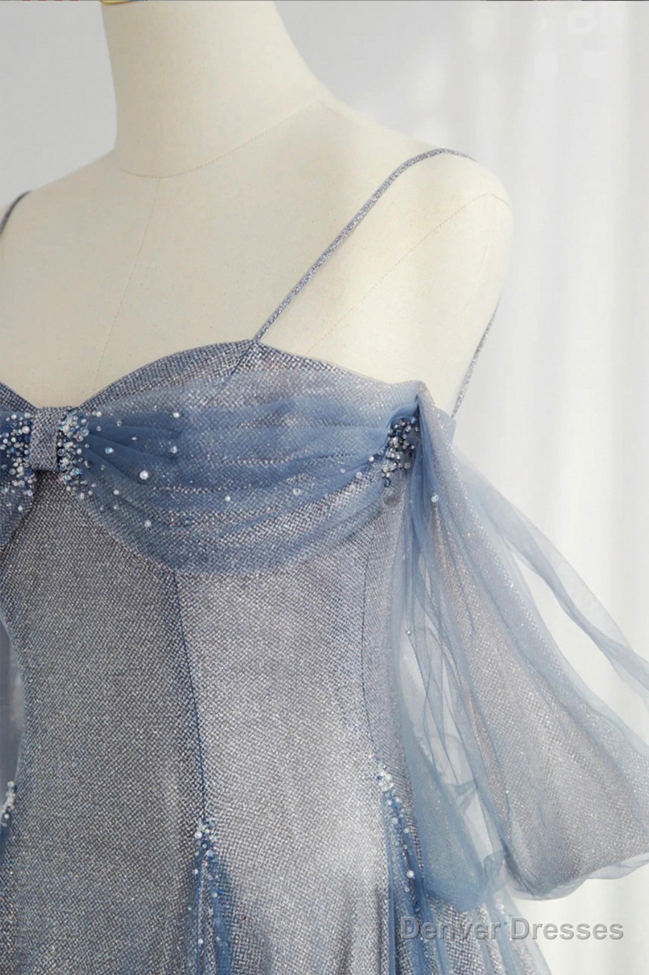 Blue Spaghetti Strap Tulle Long Prom Dress, A-Line Formal Dress Secondary image