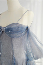 Blue Spaghetti Strap Tulle Long Prom Dress, A-Line Formal Dress