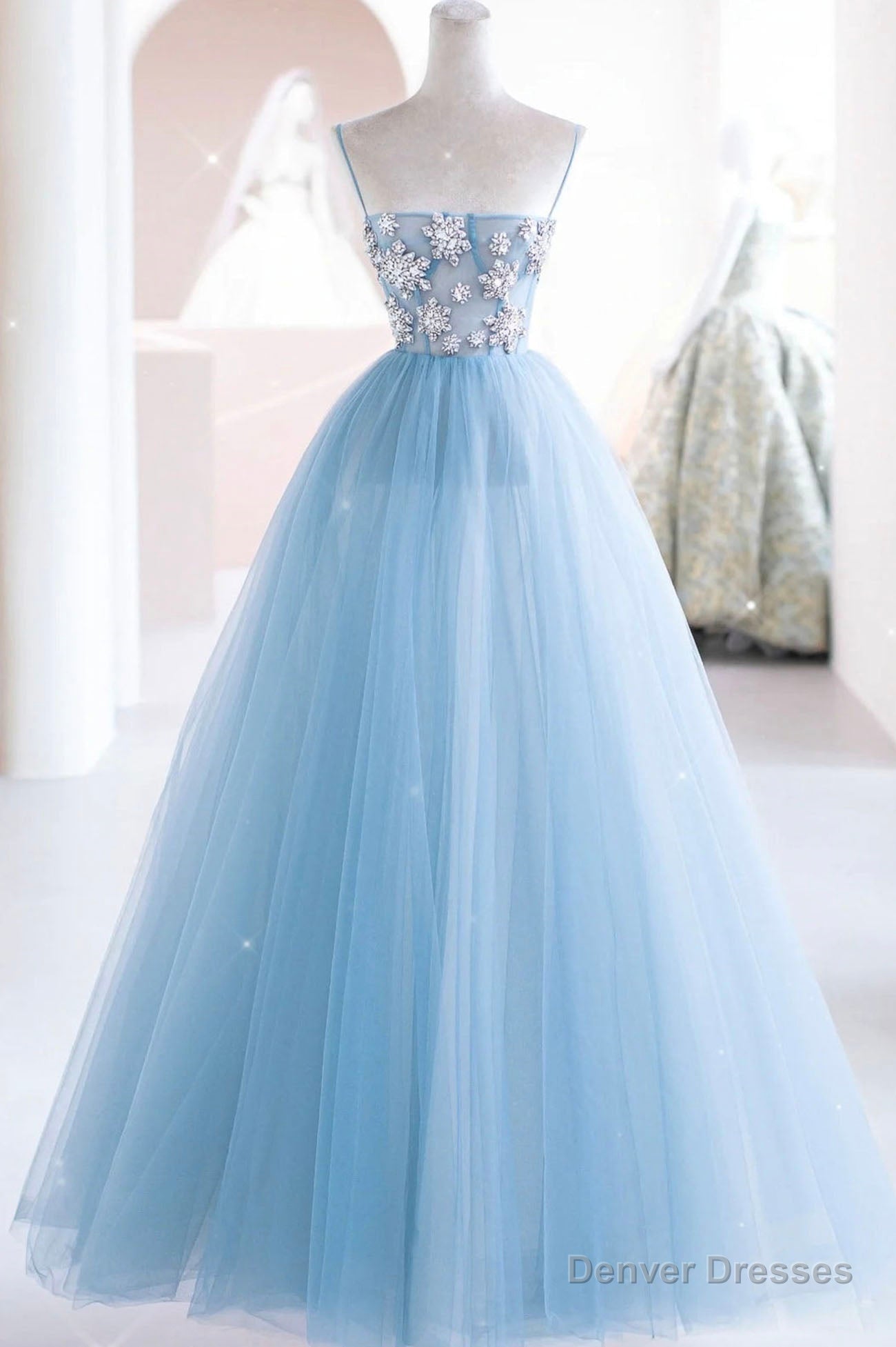 Blue Spaghetti Strap Tulle Beading Long A-Line Prom Dresses Main image