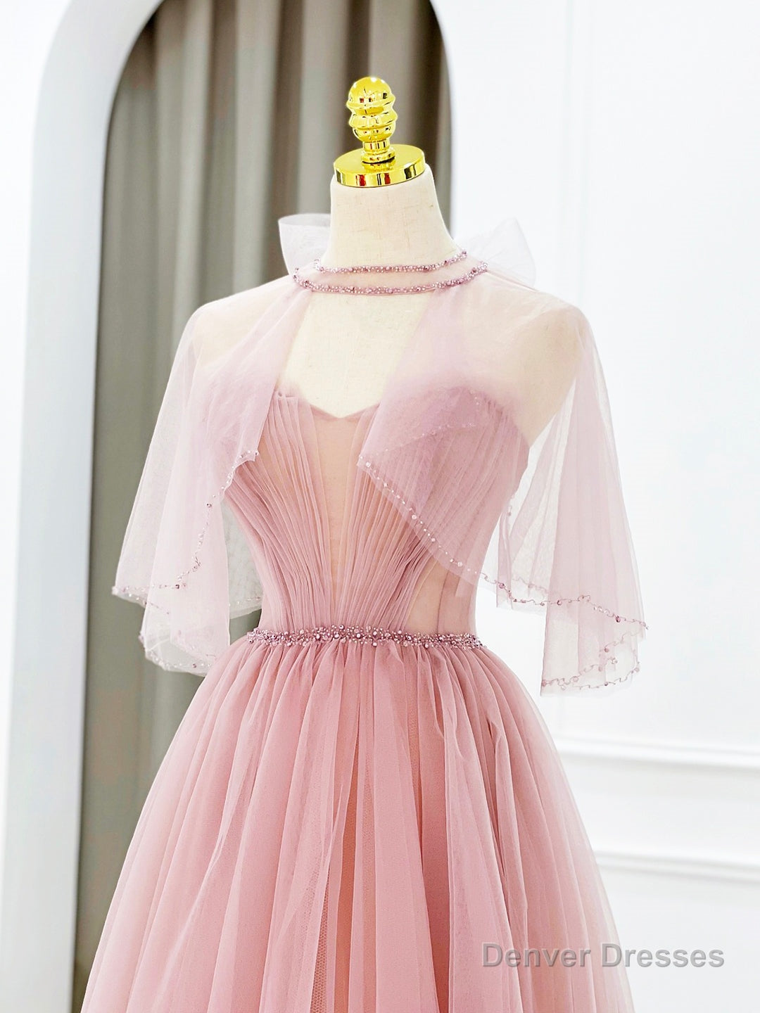 Pink Tulle Long Prom Dress with Beaded, Lovely A-Line Evening Dress