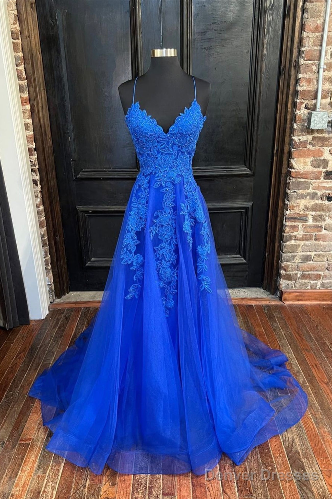 Blue V-Neck Tulle Long Prom Dresses, Elegant A-Line Lace Evening Dresses Main image