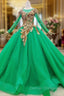 Custom Made Green Ball Gown Tulle Sequins Appliques Long Sleeve Wedding Dress