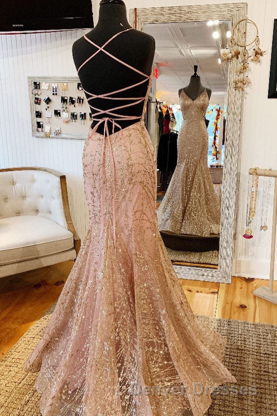Mermaid V-Neck Rose Gold Long Prom Dress with Criss Cross Back Secondary image