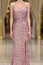 Gorgeous Mermaid V-Neck Pearl Pink Long Prom Dress with Slit