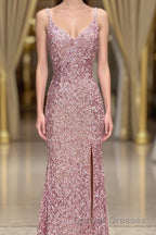 Gorgeous Mermaid V-Neck Pearl Pink Long Prom Dress with Slit