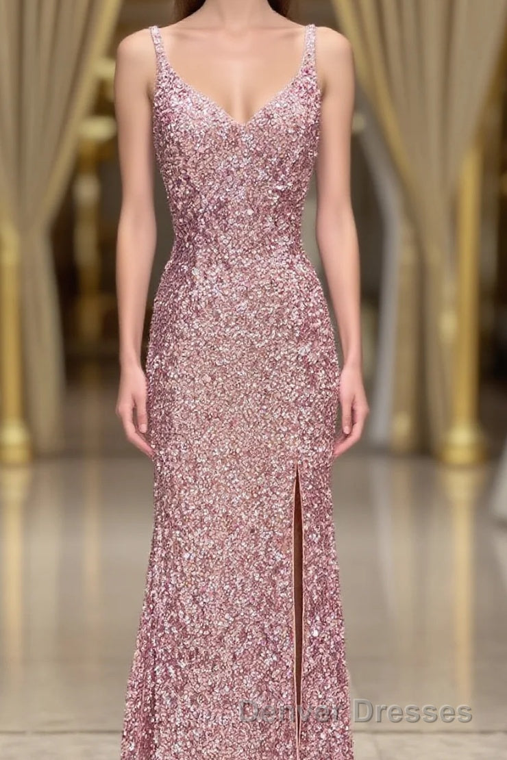 Gorgeous Mermaid V-Neck Pearl Pink Long Prom Dress with Slit