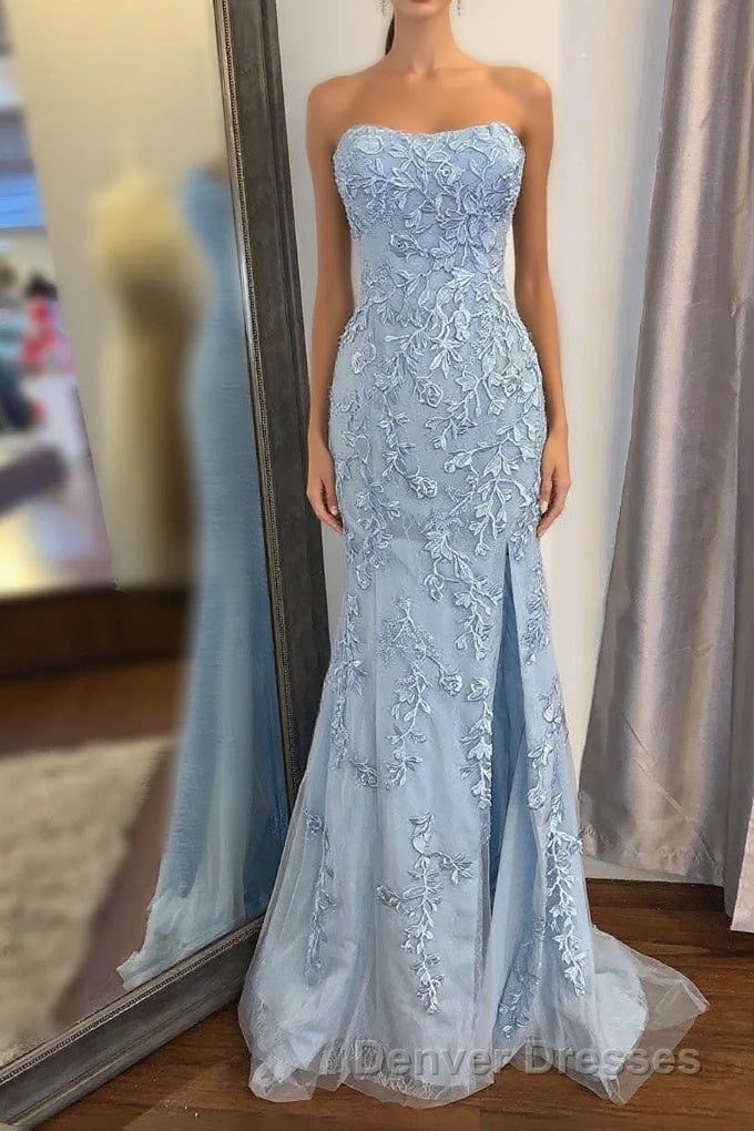 Elegant Strapless Mermaid Sky Blue Long Lace Prom Dress with Slit