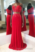 Elegant Two Piece Sweetheart Beaded Red Prom Dress with Lace-up Back