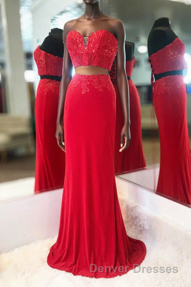Elegant Two Piece Sweetheart Beaded Red Prom Dress with Lace-up Back