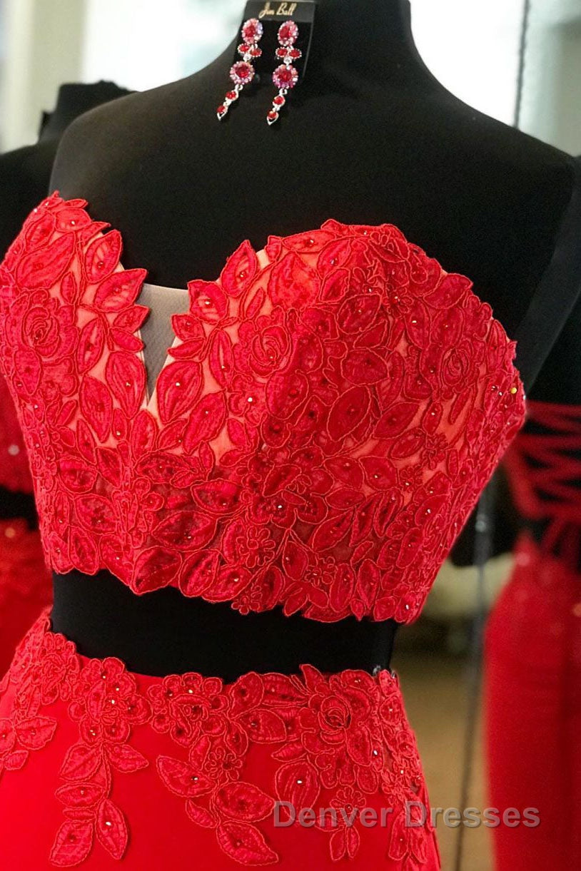 Elegant Two Piece Sweetheart Beaded Red Prom Dress with Lace-up Back Secondary image