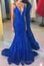 Elegant V Neck Mermaid Royal Blue Long Lace Prom Dress