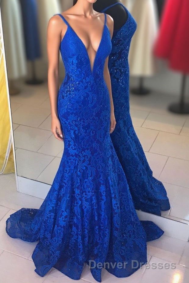 Elegant V Neck Mermaid Royal Blue Long Lace Prom Dress Main image
