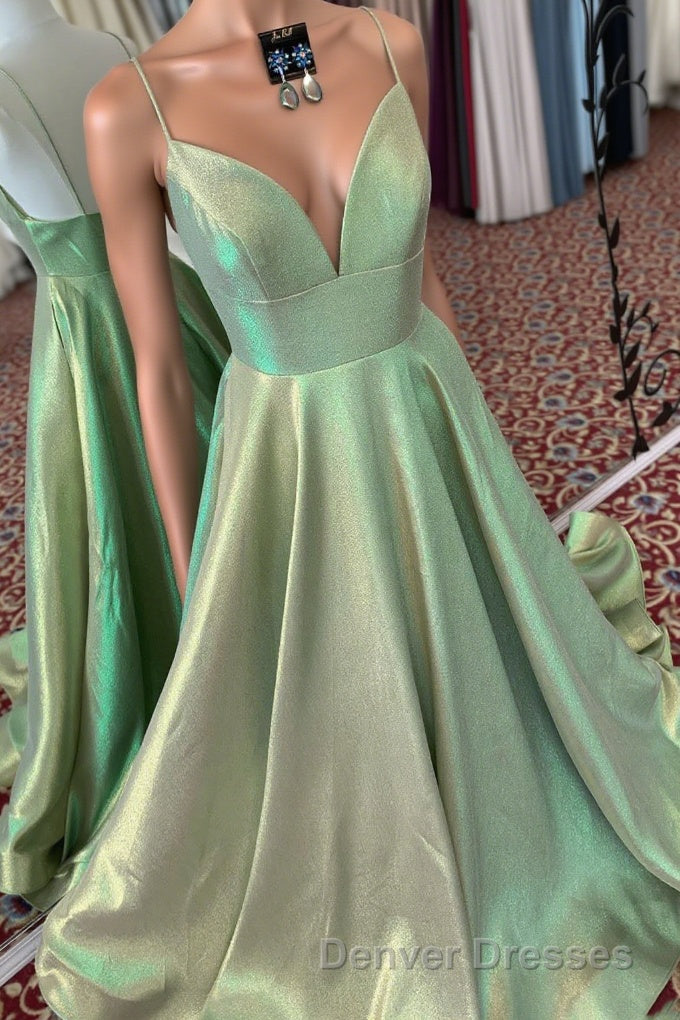 Elegant A-Line Empire V-Neck Green Long Prom Dress with Straps Main image