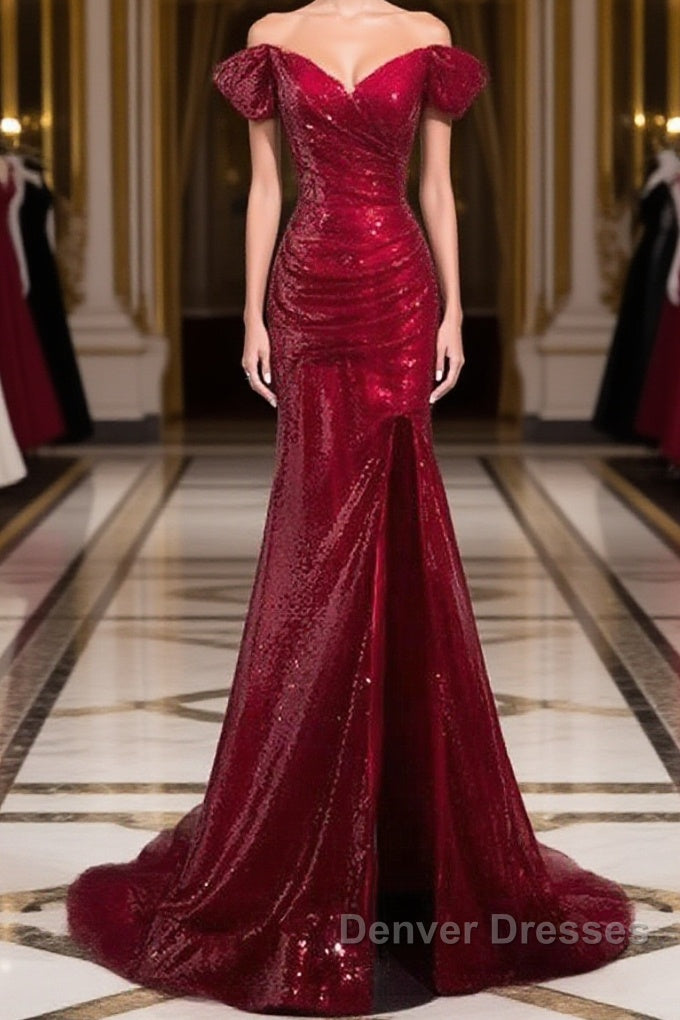 Dark Red Sequins Mermaid Sweetheart Prom Dress, Dark Red Evening Dress Main image