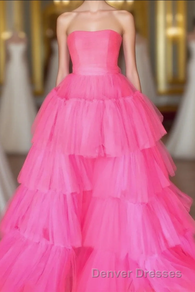Elegant Strapless Layered Hot Pink Long Prom Dress with Slit
