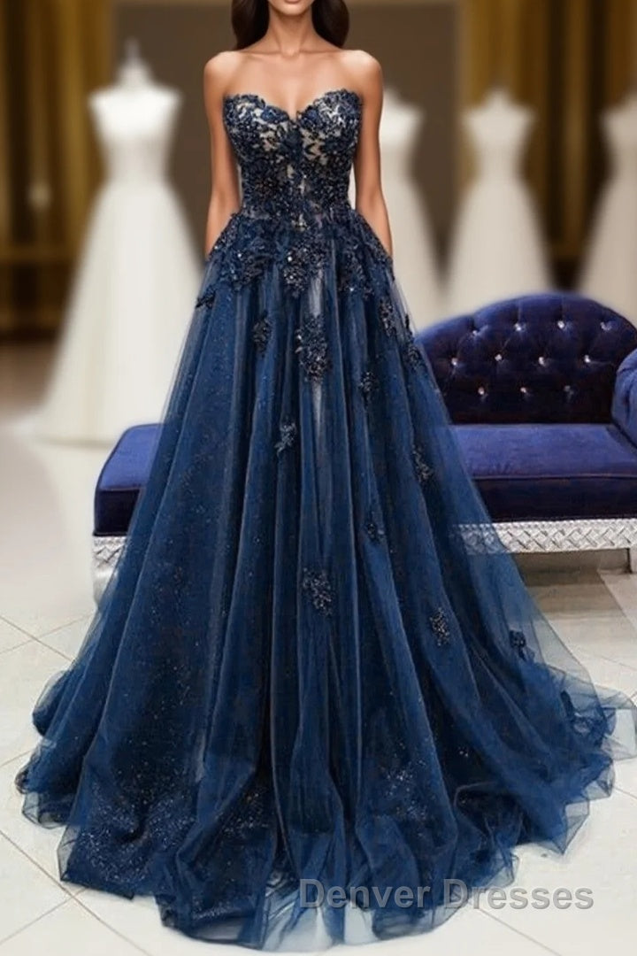 Navy Blue Tulle With Lace Sweetheart Long Formal Dress, Blue Long Prom Dress Main image
